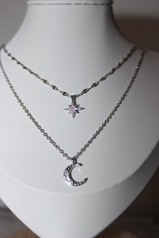 Layered Star/Moon Silver Necklace